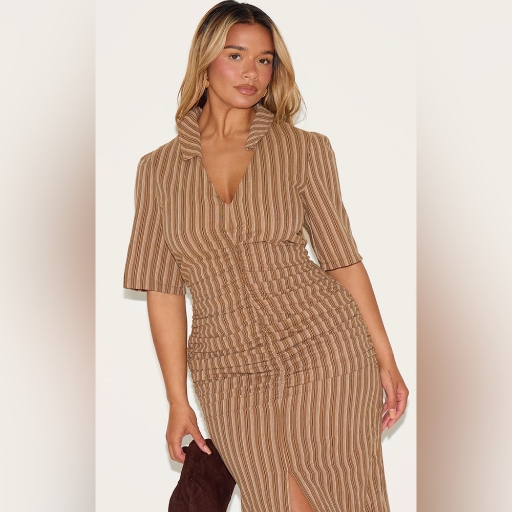 PrettyLittleThing Brown Striped Ruched Front Collared Split Front Maxi Dress - Picture 1 of 8